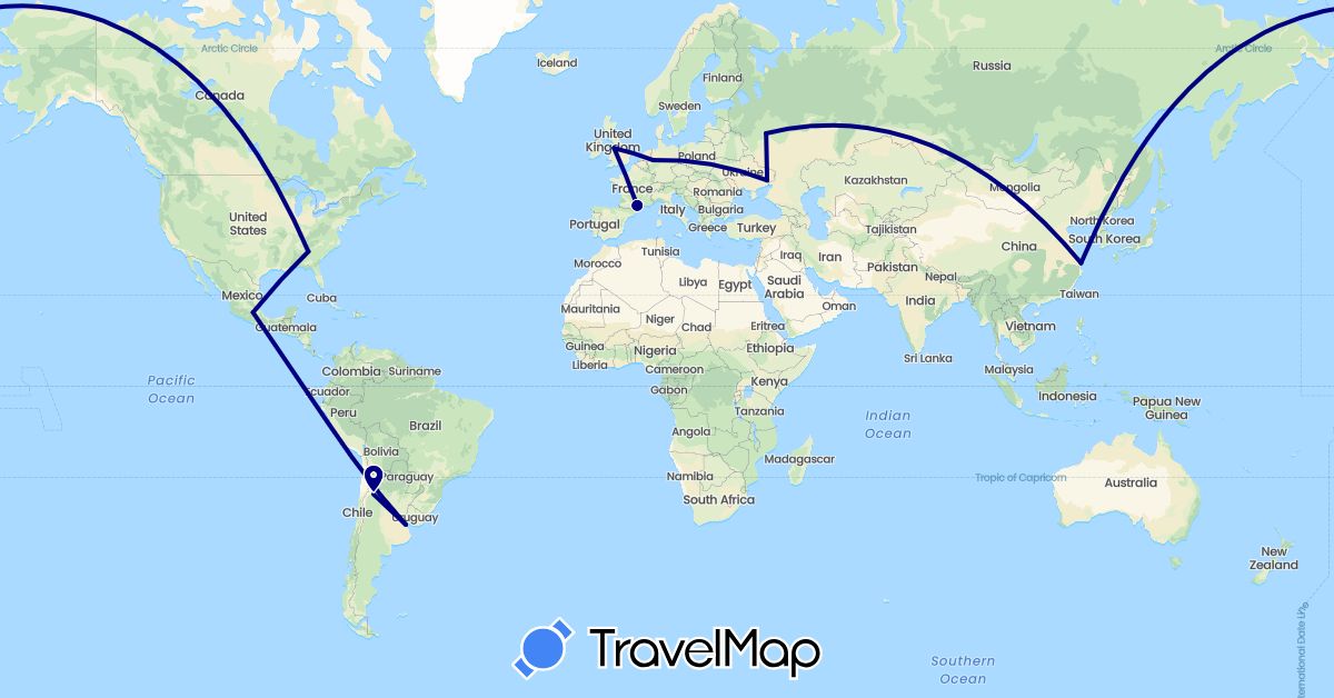 TravelMap itinerary: driving in Argentina, China, Germany, France, United Kingdom, Mexico, Russia, Ukraine, United States (Asia, Europe, North America, South America)